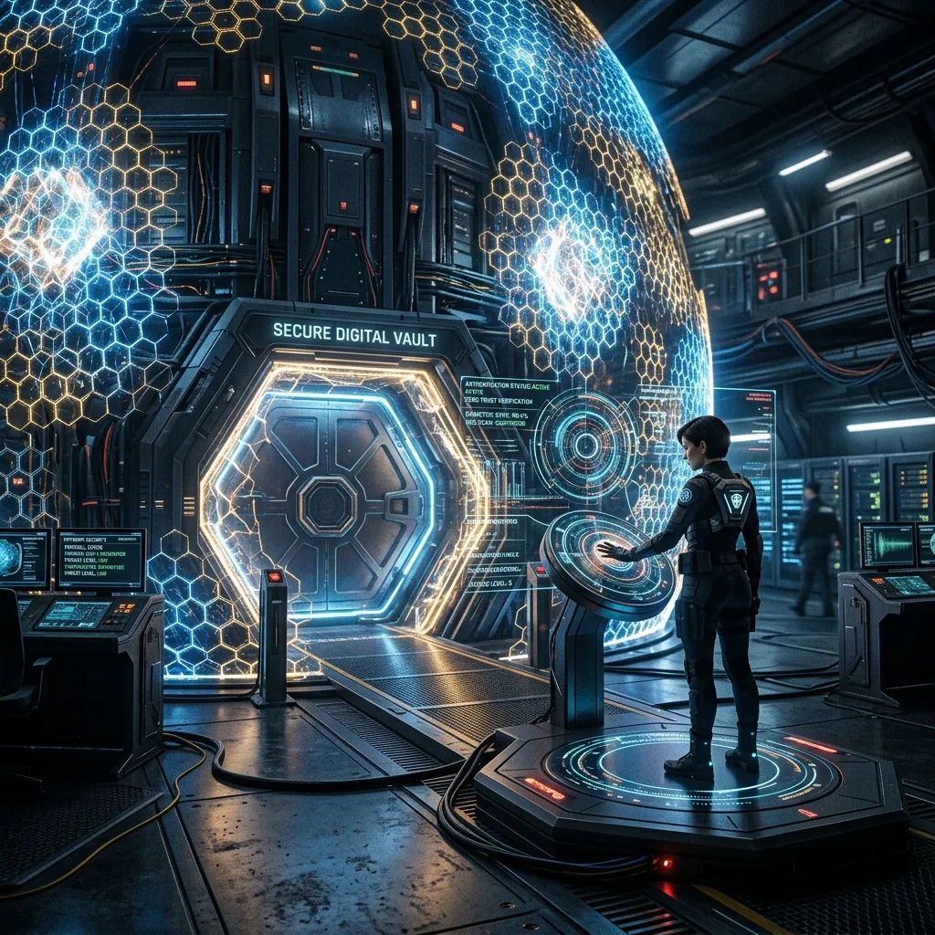 Futuristic secure digital vault protected by overlapping security shield grids and biometric data circles